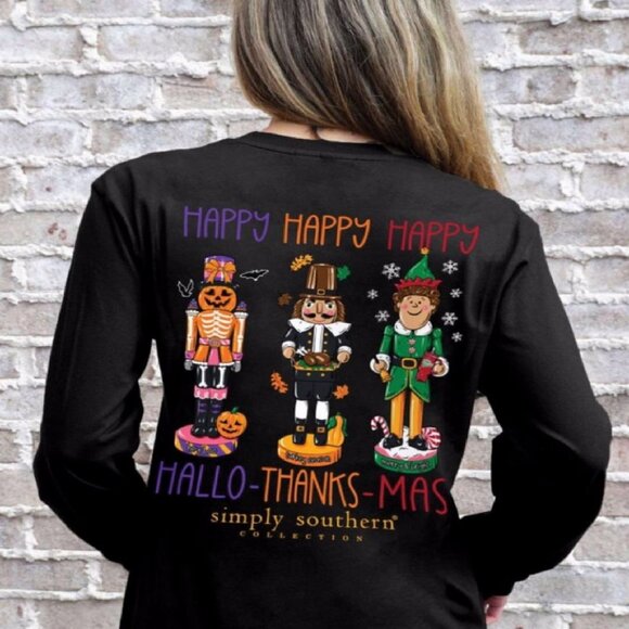 Simply Southern Happy Everything Holidays Long Sleeve T-Shirt Crew Top - Picture 1 of 5